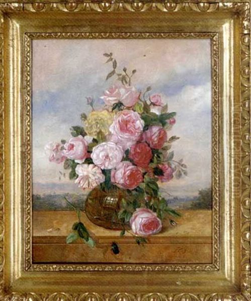 Roses In A Glass Vase, A Landscape Beyond - view 1