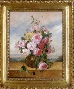 Roses In A Glass Vase, A Landscape Beyond