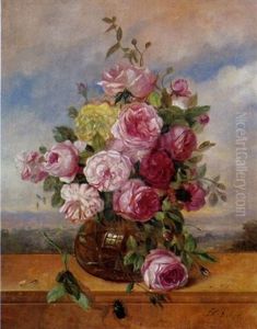 Rosen In Einer Glasvase Vor Einem Landschaftshintergrund Rosen In Einer Glasvase Vor Einem Landschaftshintergrund