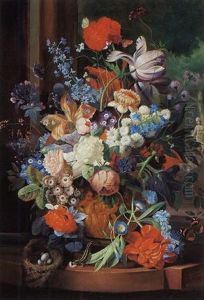 Groses Blumenstilleben Mit Vogelnest