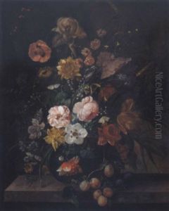 Groses Blumenstilleben Mit Zwetschgen-zweig Und Libelle