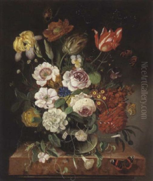 Blumenstilleben Mit Schmetterlingen Und Heuschrecke - view 1