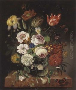 Blumenstilleben Mit Schmetterlingen Und Heuschrecke