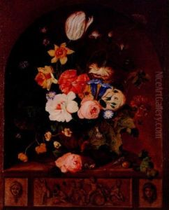 Still Life Of A Vase Of Flowers, A Grasshopper, Butterfly, Snail And Bee In An Alcove