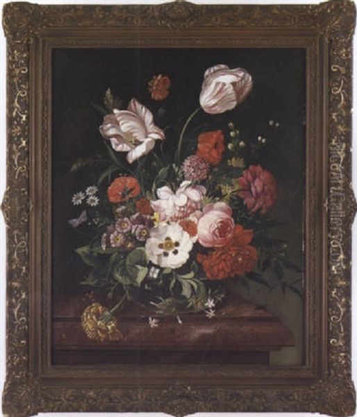 Still Life Of A Vase Of Flowers On A Marble Table - view 1