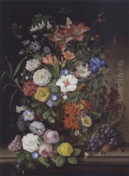 Groses Blumenstuck Mit Amarylis, Teerosen, Ackerwinden In Steinvase - view 1