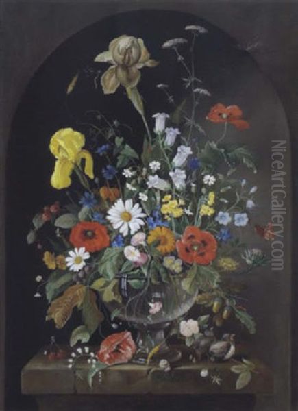 Blumenstraus In Einer Glasvase Mit Einem Schmetterling, Libellen, Einem Marienkafer Und Zwei Vogeln - view 1