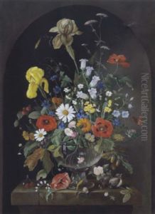 Blumenstraus In Einer Glasvase Mit Einem Schmetterling, Libellen, Einem Marienkafer Und Zwei Vogeln