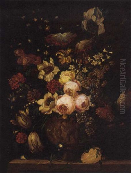 Tulips, Carnations, Wild Roses, Irises And Chrysanthemums In An Urn On A Ledge - view 1
