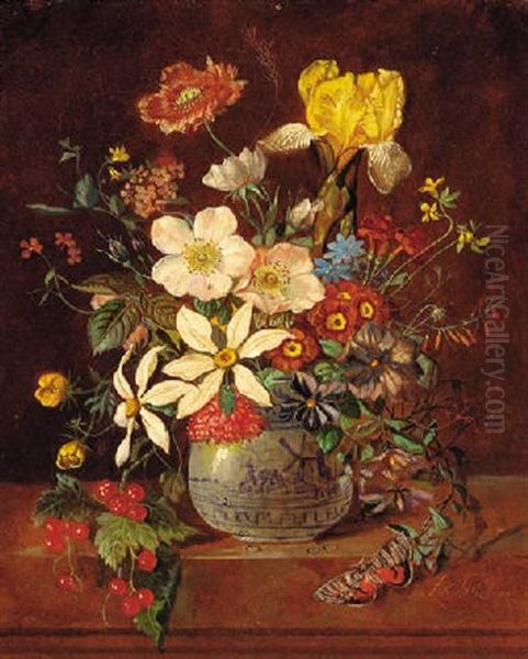 Mixed Roses In A Glass Vase With A Butterfly On A Ledge, A Landscape Beyond - view 1