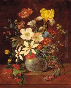 Mixed Roses In A Glass Vase With A Butterfly On A Ledge, A Landscape Beyond
