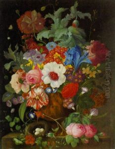 Sommerstraus In Reliefierter Vase Mit Einem Vogelnest