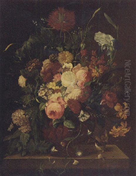 Roses, Irises, Daffodils, Carnations And Other Flowers In A Vase On A Ledge - view 1