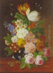 Blumenstilleben Mit Rosen, Tulpen Und Anderen Blumen In Dunkler Vase Blumenstilleben Mit Rosen, Tulpen Und Anderen Blumen In Dunkler Vase