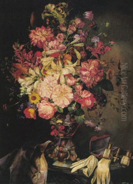 Bunter Blutenstraus In Vase, Saffianhandschuhe, Operngucker Und Tuch - view 1