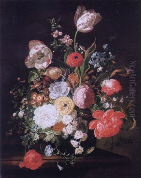 Still Life Of Tulips, Roses, Peonies And Other Flowers In A Glass Vase - view 1