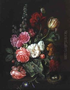 Ein Blumenstraus Von Rosen, Pfingstrose, Tulpe Und Anderen Blumen Mit Einem Schmetterling