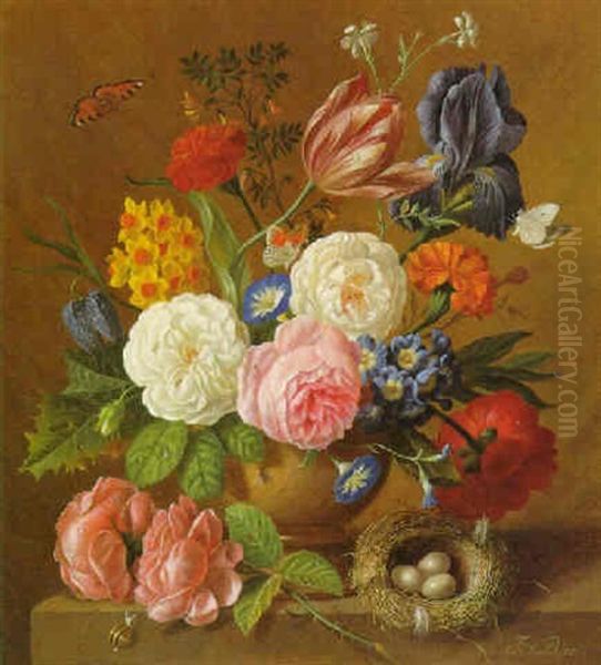 Blumenstuck Mit Vogelnest Und Schmetterlingen - view 1
