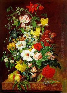 Blumenstraus Mit Rosen, Mohn, Narzissen Und Anderen Bluten In Einer Glasvase Auf Einem Marmortisch