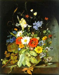 Ein Wiesenblumenstraus In Einer Glasernen Vase Und Verschiedene Tiere Ein Wiesenblumenstraus In Einer Glasernen Vase Und Verschiedene Tiere