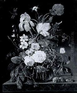 Flowers In A Glass Vase On A Ledge Flowers In A Glass Vase On A Ledge