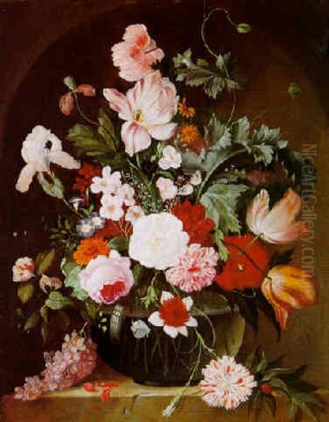 Still Life With Tulips, Roses, Morning Glories, Iris And Butterflies On A Marble Ledge - view 1