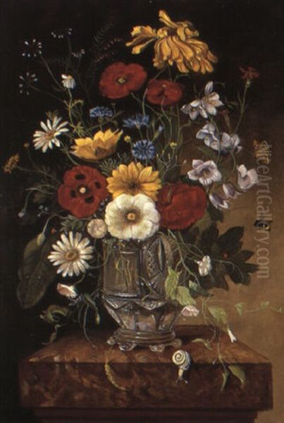 Poppies And Other Flowers In Vase On Ledge With Snail - view 1