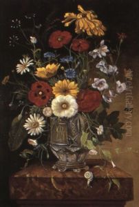 Poppies And Other Flowers In Vase On Ledge With Snail