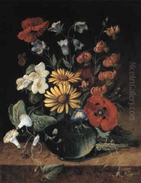 Flowers In A Vase With A Grasshopper On A Ledge - view 1