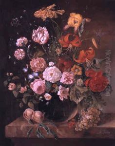 Floral Still Life On A Ledge With Fruit And A Dragonfly