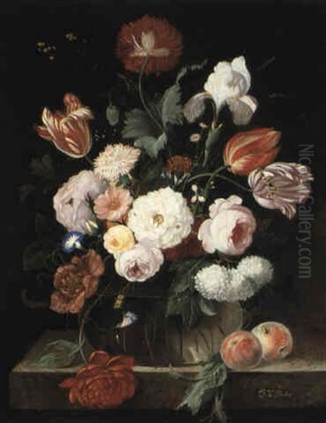 Still Life Of Roses, Tulips, Irises, Carnations And Other Flowers In A Vase On A Ledge With Peaches - view 1