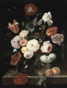 Still Life Of Roses, Tulips, Irises, Carnations And Other   Flowers In A Vase On A Ledge With Peaches