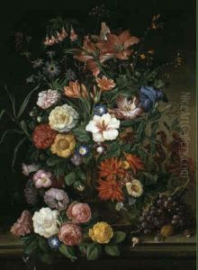 Grosses Blumenstuck Mit Amaryllis, Teerosen, Ackerwinden,   Kaktusbluten In Steinvase