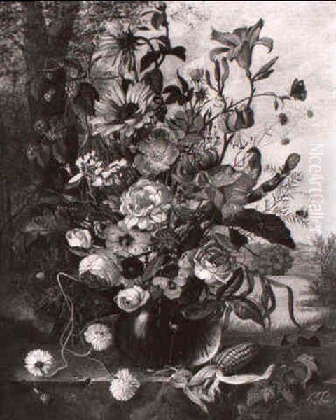 Blumenstilleben In Barockmanier Auf Einer Steinmauer Vor Landschaft - view 1