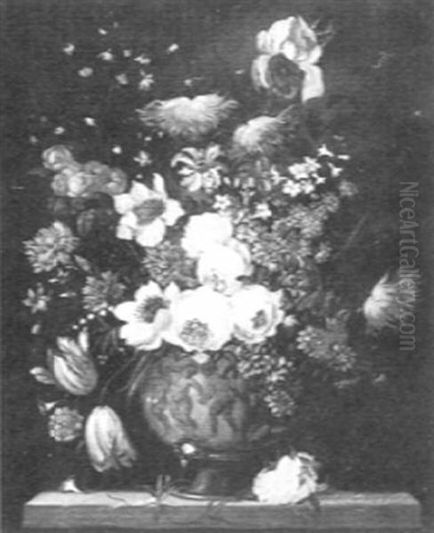 Still Life With Tulips, Carnations, Wild Roses, Iris And Chrysanthemums In An Urn - view 1