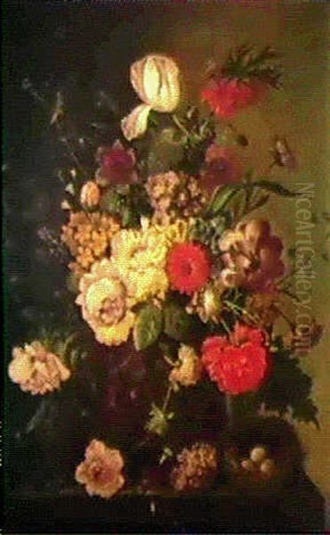 Still Life Of Roses, Auricula, Magnolia And Frittillaria In An Urn And A Bird's Nest On A Ledge - view 1