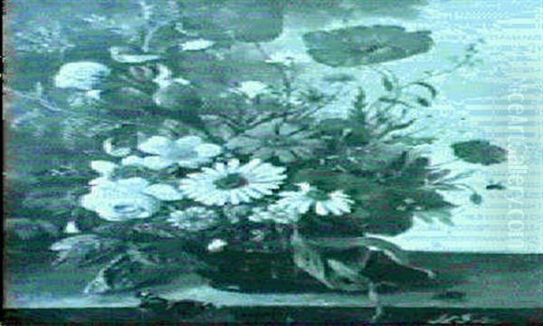 Mixed Flowers In A Vase On A Stone Ledge - view 1
