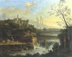 An Extensive Classical River Landscape With A Waterfall, And A Fisherman With A Dog On A Path, Other Figures Near The River Beyond, A Town On A Rocky Outcrop Beyond