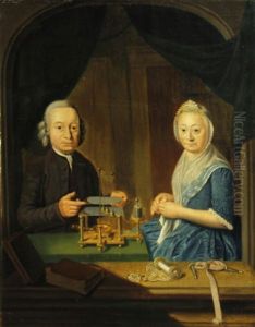 A Portrait Of A Man And Woman, Seated In An Alcove, The Man Pointing To A Scientific Instrument And The Woman Knitting by Nikolaas Pieneman