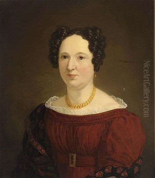 Portrait Of A Lady Wearing A Red Dress With A Lace Collar - view 1