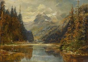 Gebirgssee Mit Anglern by August Bedrich Piepenhagen