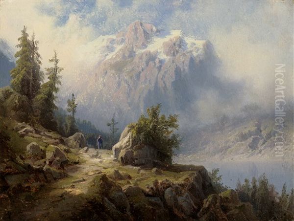 Gebirgslandschaft Mit See Und Wanderer - view 1