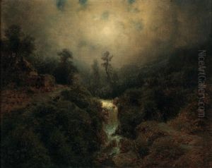 Romantic Moonlit Landscape With Walker by August Bedrich Piepenhagen