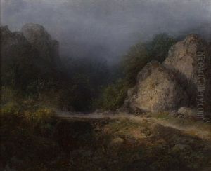 Footbridge In The Nighttime Landscape by August Bedrich Piepenhagen