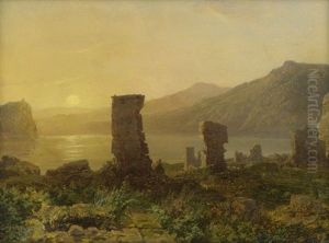 Kustenlandschaft Im Sonnenuntergang, Im Vordergrund Die Ruinen Einer Abtei Kustenlandschaft Im Sonnenuntergang, Im Vordergrund Die Ruinen Einer Abtei