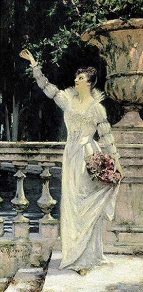 Portrait Einer Jungen, Vornehmen Frau Im Weisen Kleid Mit Blutenkorb Vor Steinerner Balustrade - view 1