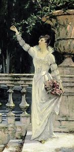 Portrait Einer Jungen, Vornehmen Frau Im Weisen Kleid Mit Blutenkorb Vor Steinerner Balustrade Portrait Einer Jungen, Vornehmen Frau Im Weisen Kleid Mit Blutenkorb Vor Steinerner Balustrade