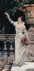 Portrait Einer Jungen, Vornehmen Frau Im Weisen Kleid Mit Blutenkorb, Vor Steinerner Balustrade Portrait Einer Jungen, Vornehmen Frau Im Weisen Kleid Mit Blutenkorb, Vor Steinerner Balustrade