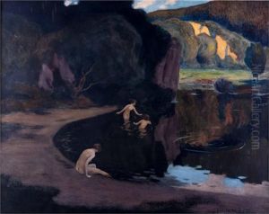 Drei Damen Beim Baden Im Bergsee by Karl Johann Nikolaus Piepho