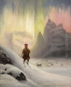 Sami On Skis In Northern Lights